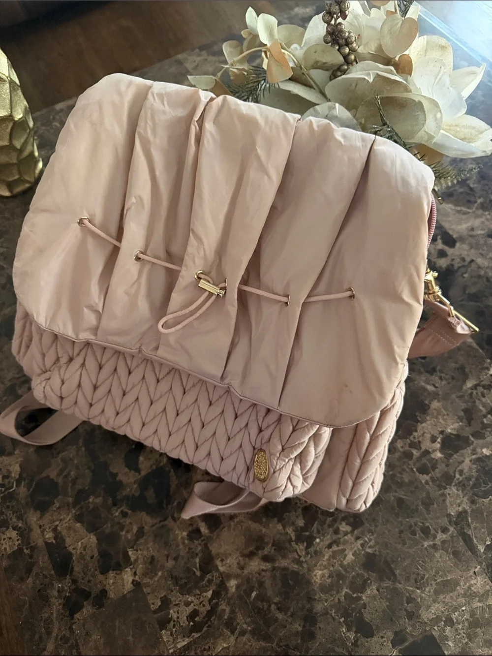 Soft Pink Quilted Knit Backpack with Gold Accent